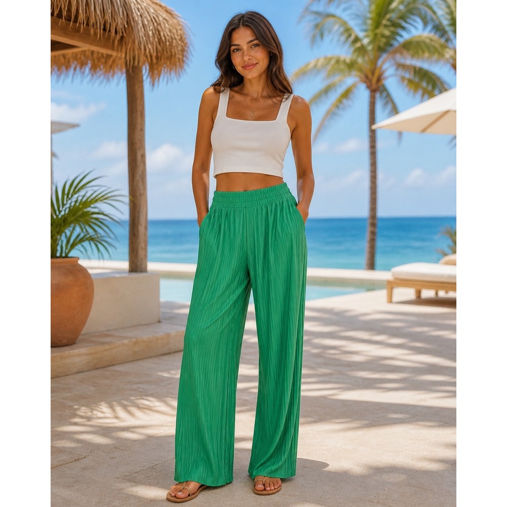 A New Day Pleated‎ Wide Leg Pants Women XL Green High Waist Palazzo Plisse Chic